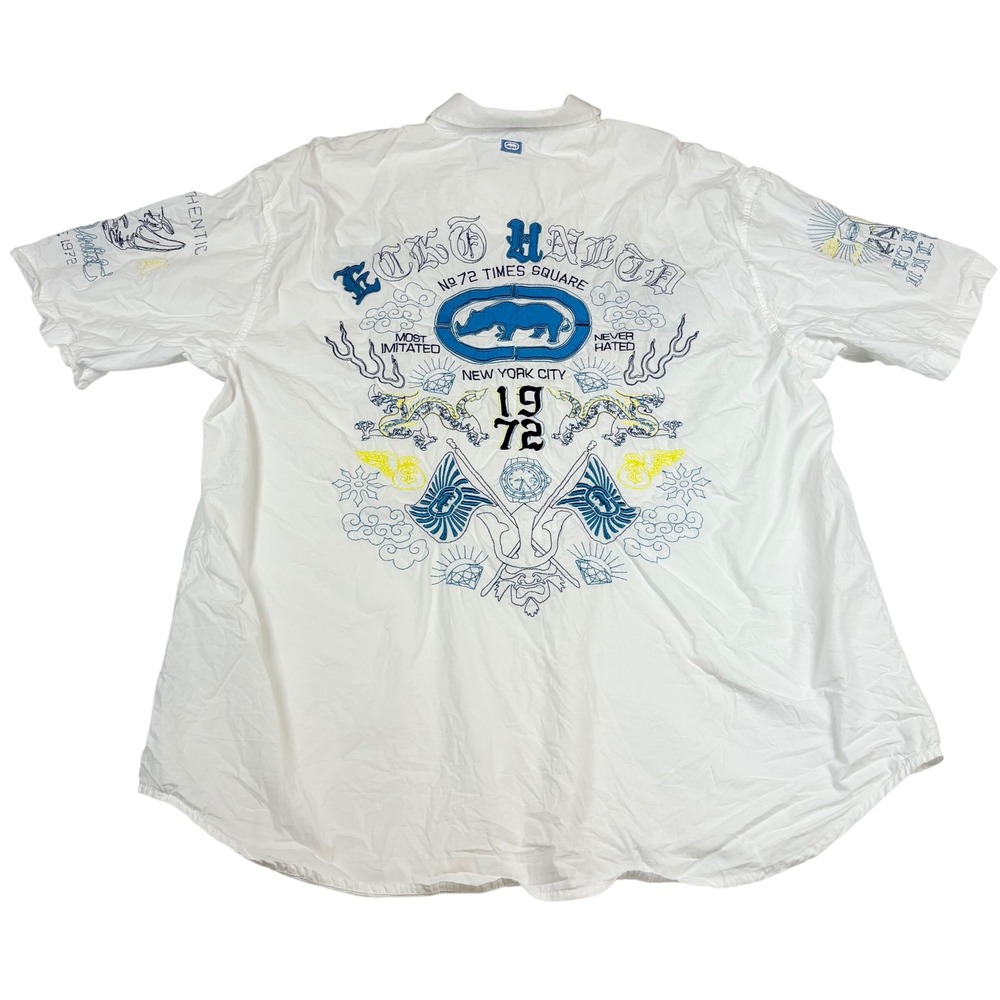 ECKO UNLTD Graphic Mens XL Button Down Shirt Y2K White Loud NYC‎ Grunge Skater